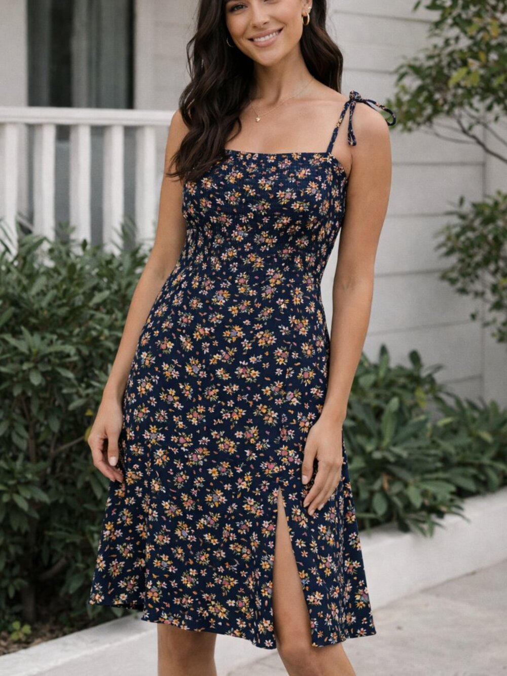 Socialite Floral Dress Size L Navy Tie Strap Smocked Back A-Line